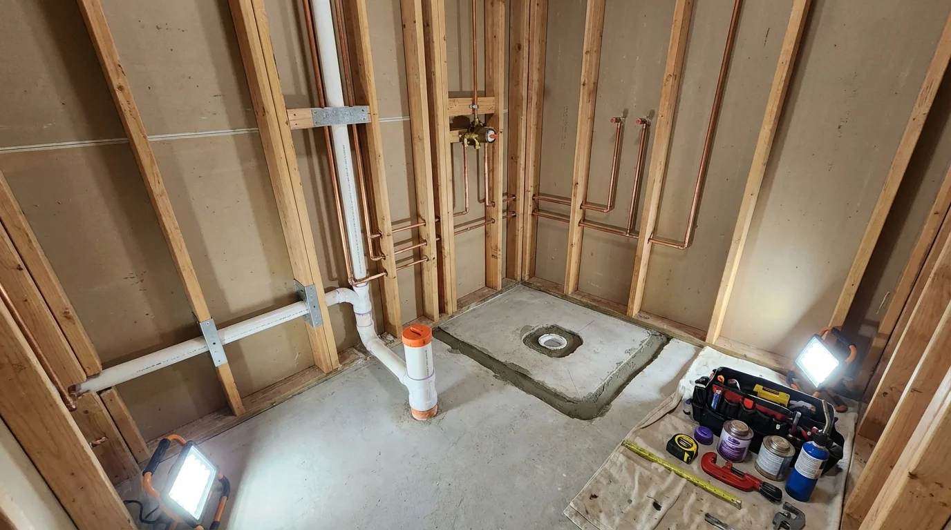 Bathroom rough-in plumbing during remodel by Johns Plumbing LLC in Reserve