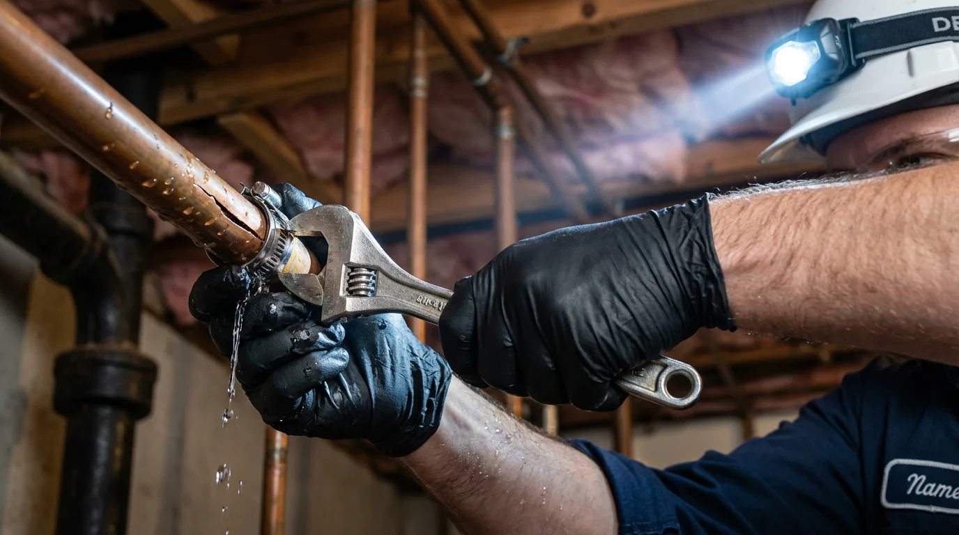 Emergency pipe clamp repair being performed by a Johns Plumbing LLC plumber in Reserve