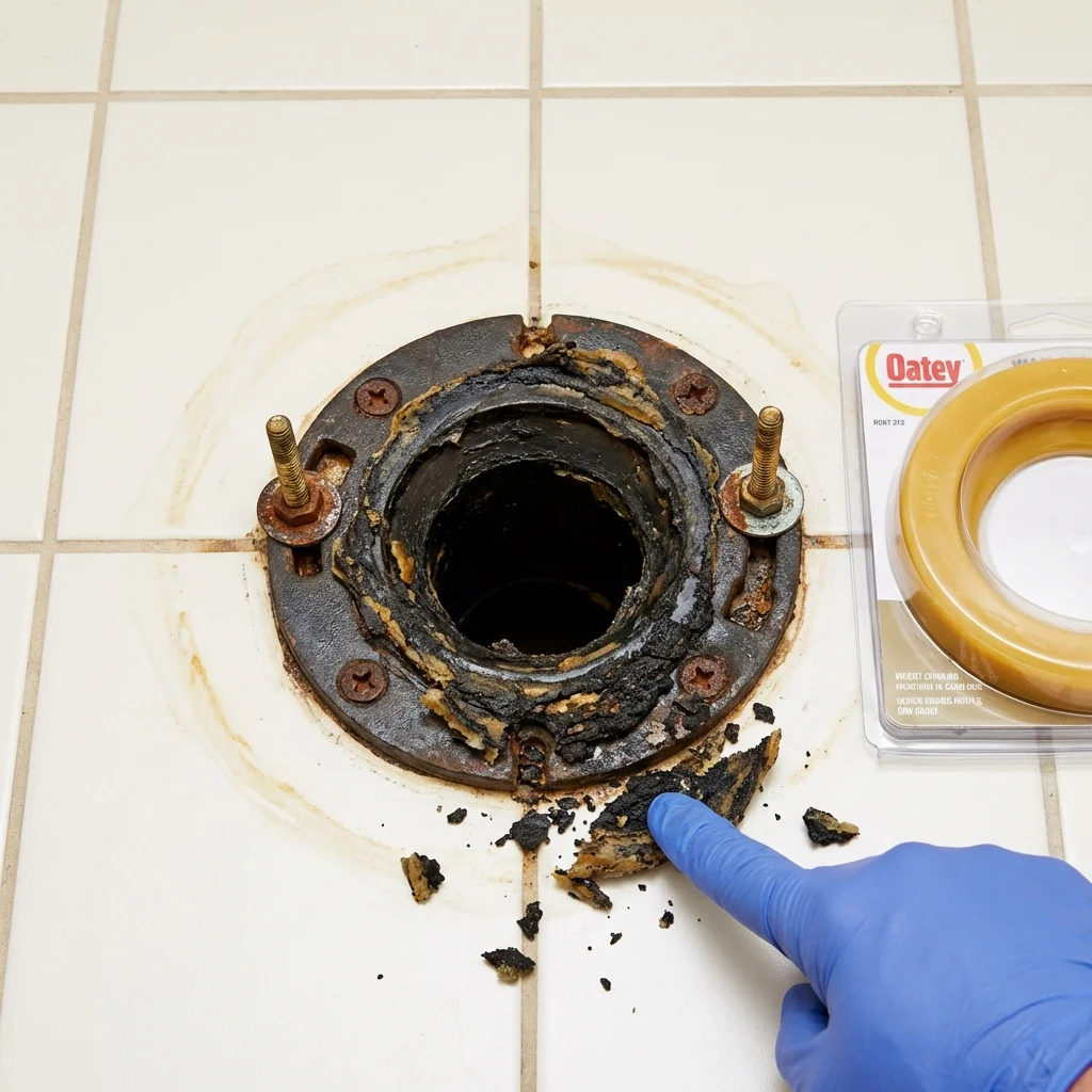 Failed wax ring showing water seepage at the base of a toilet in a Reserve, LA home