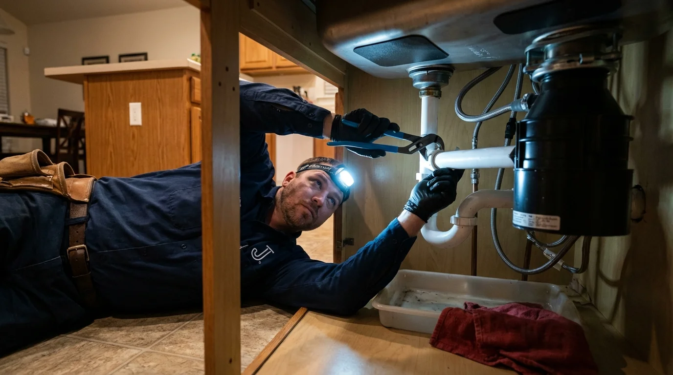 P-trap and supply line connections under a kitchen sink showing a common leak point in Reserve, LA